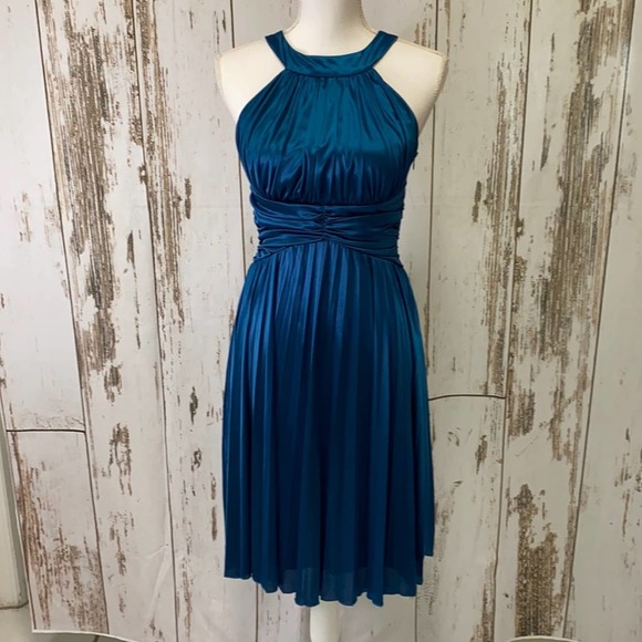 City Triangles Dark Teal Silky Open Back Pleated Dress - Picture 1 of 4